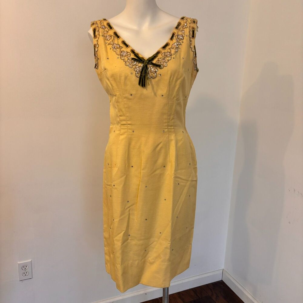 Vintage Handmade Yellow Boho Decorated Beaded Yellow Bias Cut Summer Dress